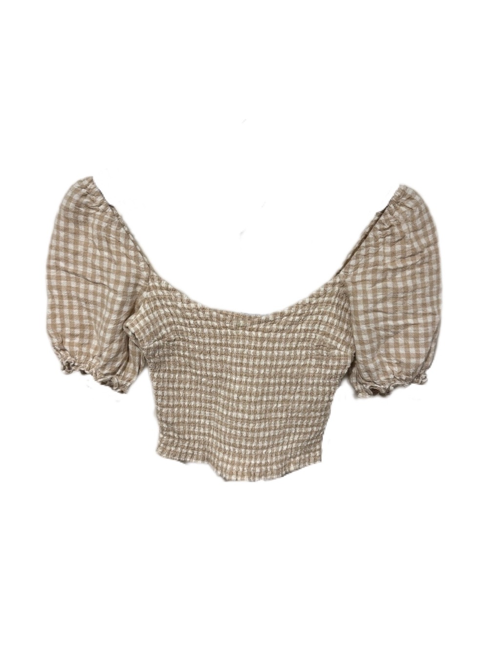 Abercrombie & Fitch Beige Gingham Puff-Sleeve Smocked Crop Top